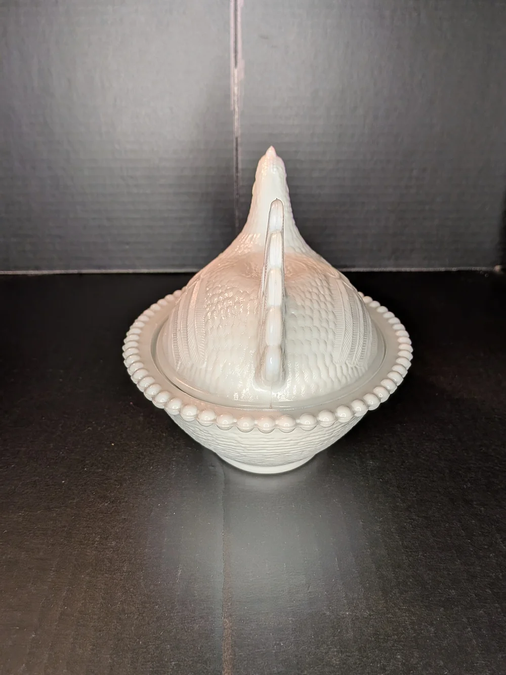 Vintage Indiana White Milk Glass Hen on Nest Covered Dish Beaded Edge Glossy